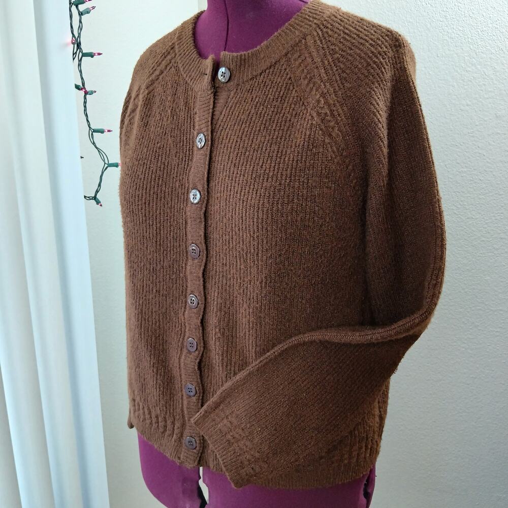 Fashion Button Front Cardigan Womens L dark brown raglan crew warm cozy classic
